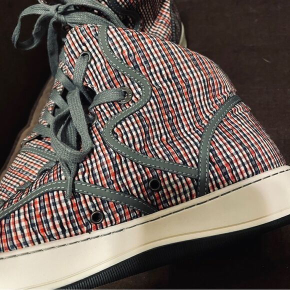 Lanvin designer high top sneakers red white blue plaid grey piping Womens 9 US - Picture 6 of 13